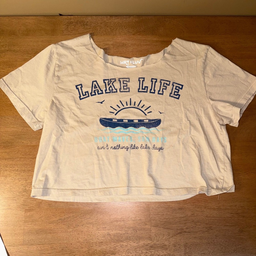 HRT & LUV Lake Life Crop Top Tan Cotton Graphic Tee Boat Waves Sun Rays Medium